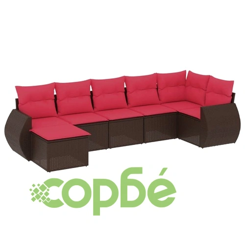 Градински диван комплект 7 части с възглавници PE ратан кафяв ➤ топ цена ➤ sorbe.bg