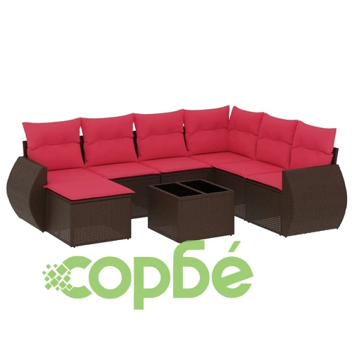 Градински комплект от 8 части с възглавници, кафяв полиратан ➤ топ цена ➤ sorbe.bg