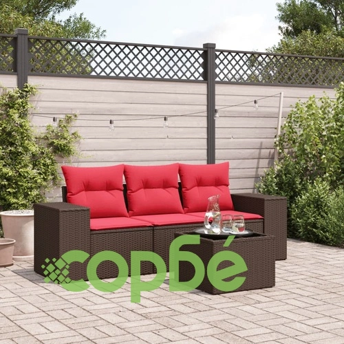 Градински комплект от полиратан, 4 части, с възглавници, кафяв ➤ топ цена ➤ sorbe.bg