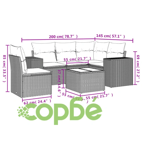 Градински комплект диван с възглавници PE ратан, 6 части, сив ➤ топ цена ➤ sorbe.bg