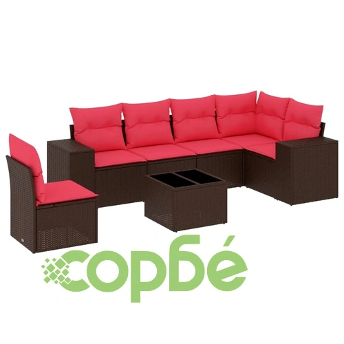 Градински диван от полиратан, 7 части с възглавници, кафяв ➤ топ цена ➤ sorbe.bg