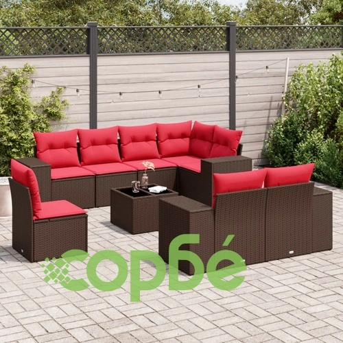 Градински комплект диван от кафяв полиратан с възглавници - 9 части ➤ топ цена ➤ sorbe.bg