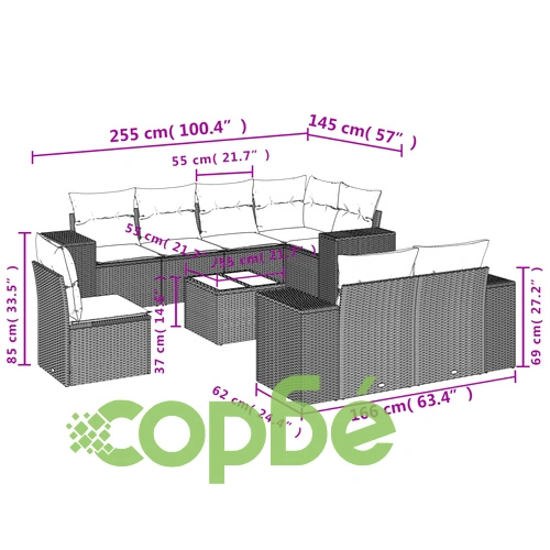 Градински комплект диван от кафяв полиратан с възглавници - 9 части ➤ топ цена ➤ sorbe.bg