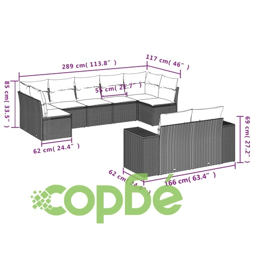 Градински диван 9 части с възглавници PE ратан сив 62x62x69 см ➤ топ цена ➤ sorbe.bg