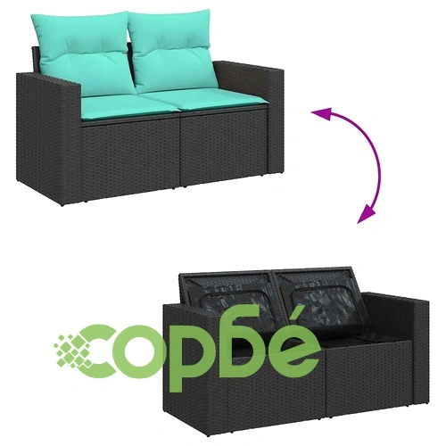 Градински комплект диван с възглавници, 7 части, полиратан, черен ➤ топ цена ➤ sorbe.bg