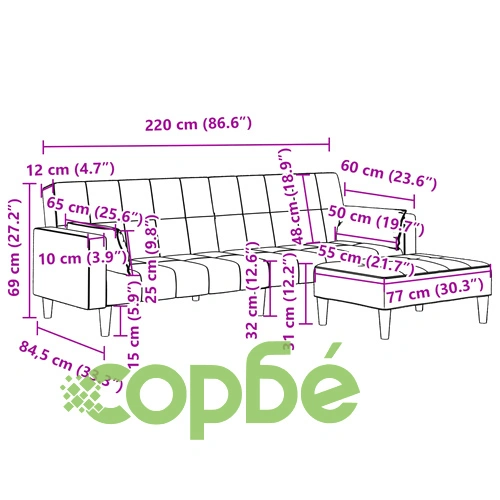 2-местно разтегателно канапе с табуретка, синьо кадифе, 220 x 100 см ➤ топ цена ➤ sorbe.bg