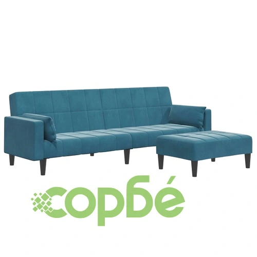 2-местно разтегателно канапе с табуретка, синьо кадифе, 220 x 100 см ➤ топ цена ➤ sorbe.bg