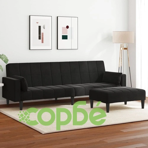 2-местно разтегателно канапе с табуретка от черно кадифе, 220 x 100 см ➤ топ цена ➤ sorbe.bg