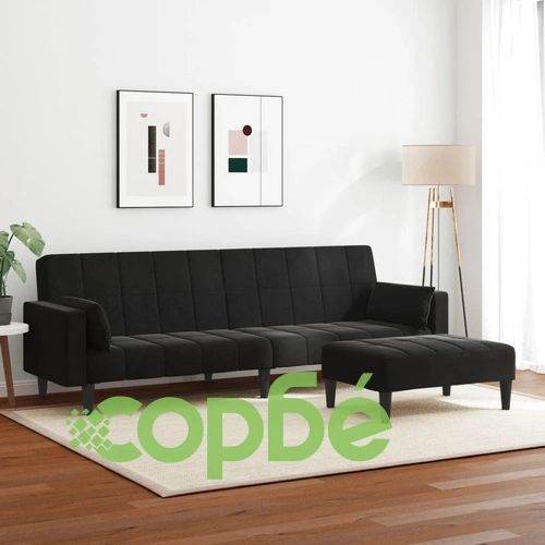 2-местно разтегателно канапе с табуретка от черно кадифе, 220 x 100 см ➤ топ цена ➤ sorbe.bg