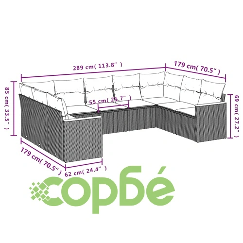 Градински диван комплект 9 части с възглавници полиратан сив ➤ топ цена ➤ sorbe.bg