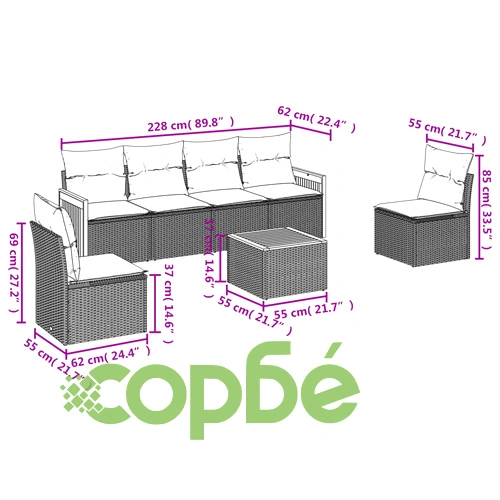 Градински диван комплект 7 части с възглавници PE ратан сив ➤ топ цена ➤ sorbe.bg