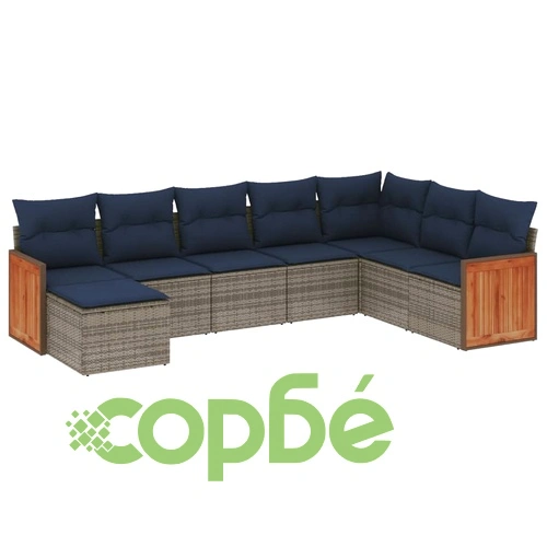 Модулен градински диван от полиратан, 8 части, сив с възглавници ➤ топ цена ➤ sorbe.bg