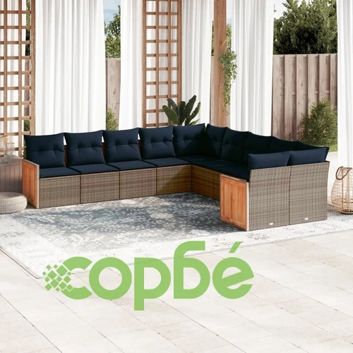 Градински диван комплект 10 части с възглавници PE ратан сив ➤ топ цена ➤ sorbe.bg