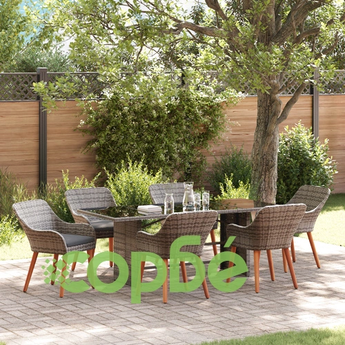 Комплект за хранене в градината от 7 части - сив поли-ратан със стъклен плот ➤ топ цена ➤ sorbe.bg