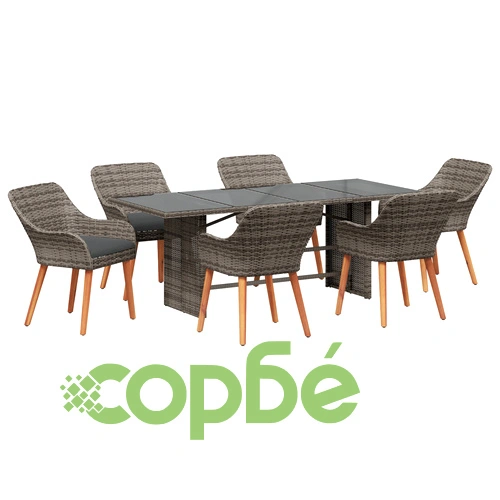 Комплект за хранене в градината от 7 части - сив поли-ратан със стъклен плот ➤ топ цена ➤ sorbe.bg