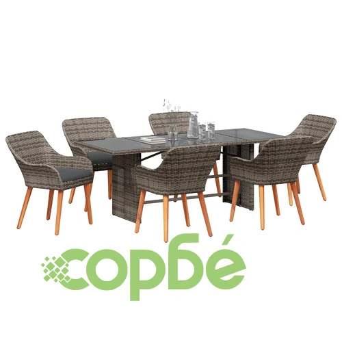 Комплект за хранене в градината от 7 части - сив поли-ратан със стъклен плот ➤ топ цена ➤ sorbe.bg