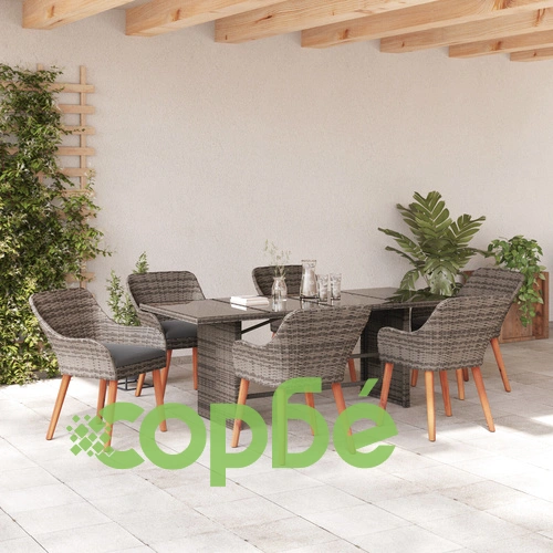 Комплект за хранене в градината от 7 части - сив поли-ратан със стъклен плот ➤ топ цена ➤ sorbe.bg