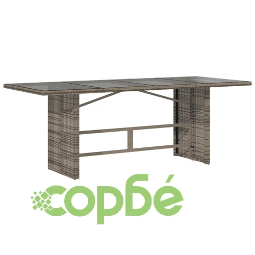 Комплект за хранене в градината от 7 части - сив поли-ратан със стъклен плот ➤ топ цена ➤ sorbe.bg