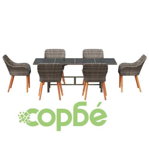 Комплект за хранене в градината от 7 части - сив поли-ратан със стъклен плот ➤ топ цена ➤ sorbe.bg