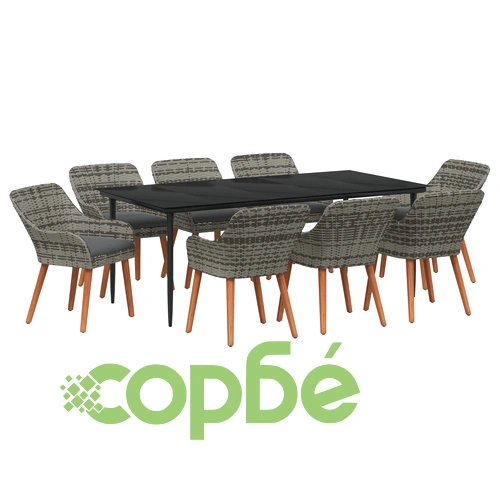 9 Части Градински Комплект за Хранене от Сив Поли Ратан ➤ топ цена ➤ sorbe.bg