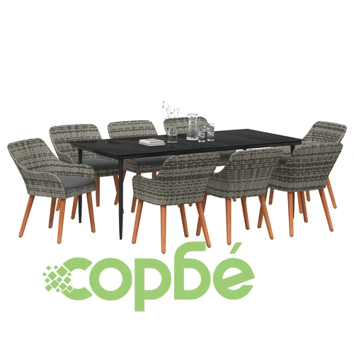 9 Части Градински Комплект за Хранене от Сив Поли Ратан ➤ топ цена ➤ sorbe.bg