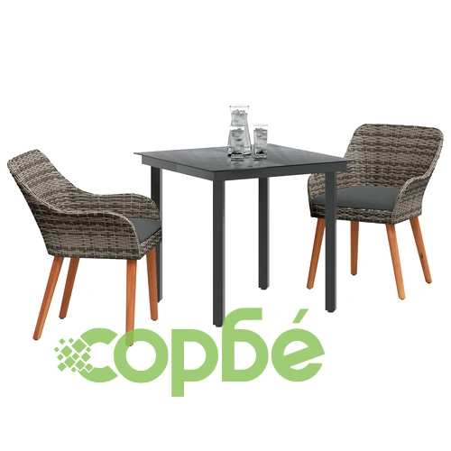 Комплект за градинско хранене от 3 части с маса и столове от сив полиратан ➤ топ цена ➤ sorbe.bg