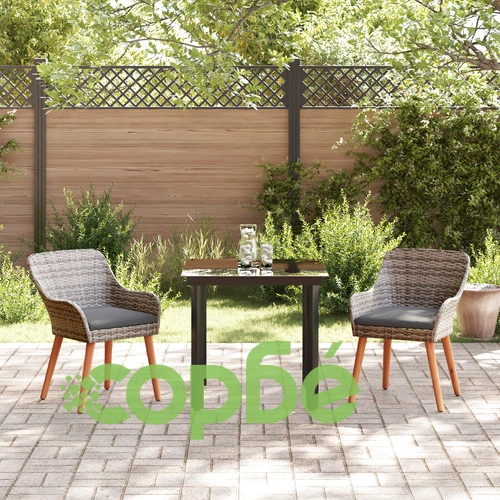 Комплект за градинско хранене от 3 части с маса и столове от сив полиратан ➤ топ цена ➤ sorbe.bg