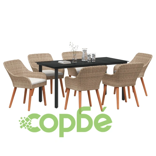 Комплект градинска трапезария 7 части от поли ратан в бежов цвят ➤ топ цена ➤ sorbe.bg