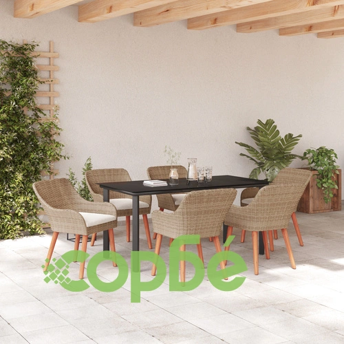 Комплект градинска трапезария 7 части от поли ратан в бежов цвят ➤ топ цена ➤ sorbe.bg