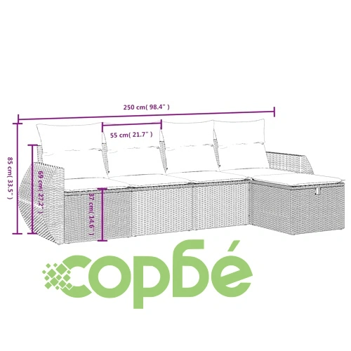 5-частен градински комплект мебели с възглавници, полиратан, сив ➤ топ цена ➤ sorbe.bg