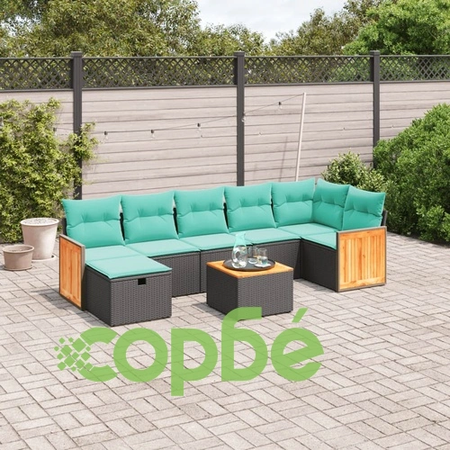 Градински комплект диван от черен полиратан с възглавници - 8 части ➤ топ цена ➤ sorbe.bg