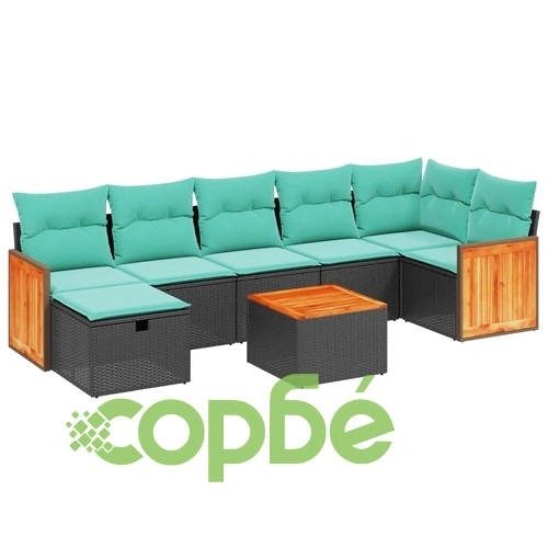 Градински комплект диван от черен полиратан с възглавници - 8 части ➤ топ цена ➤ sorbe.bg