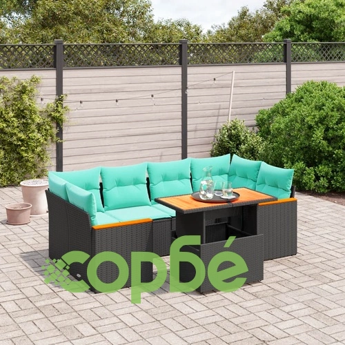 Градински комплект диван 7 части с възглавници черен полиратан PE ➤ топ цена ➤ sorbe.bg