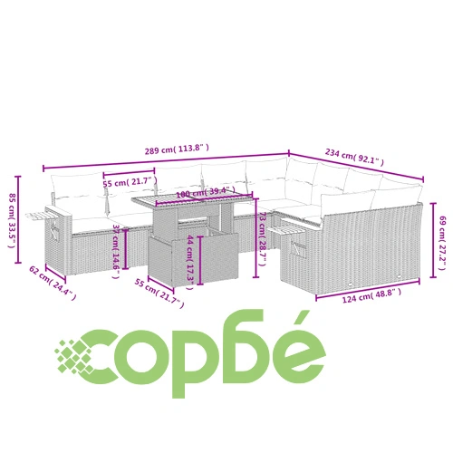 Градински комплект диван с възглавници 10 части черен полиратан PE ➤ топ цена ➤ sorbe.bg
