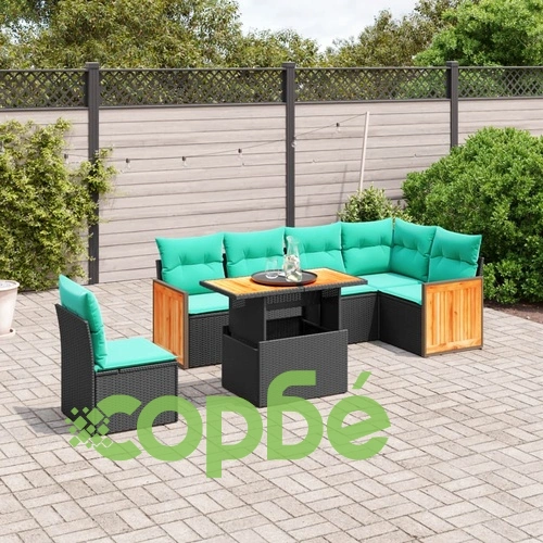 Градински комплект от 7 части с диван и възглавници от черен полиратан ➤ топ цена ➤ sorbe.bg