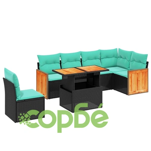 Градински комплект от 7 части с диван и възглавници от черен полиратан ➤ топ цена ➤ sorbe.bg