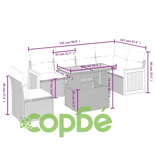 Градински комплект от 7 части с диван и възглавници от черен полиратан ➤ топ цена ➤ sorbe.bg