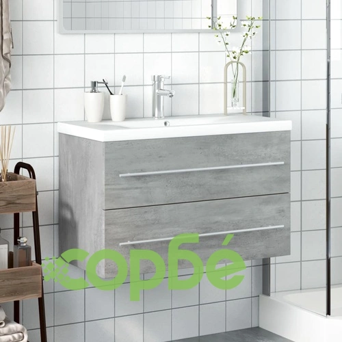 Шкаф за мивка за баня с вградена керамична мивка 80 см, бетонно сив ➤ топ цена ➤ sorbe.bg