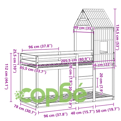Двуетажно детско легло с покрив от масивна борова дървесина, 80x200 см ➤ топ цена ➤ sorbe.bg