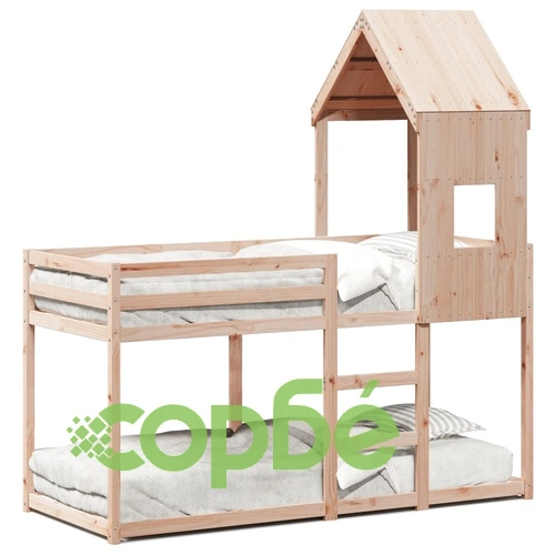 Двуетажно детско легло с покрив от масивна борова дървесина, 80x200 см ➤ топ цена ➤ sorbe.bg