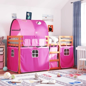 Двуетажно легло от масивна борова дървесина с розови завеси 80x200 см