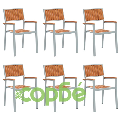 Комплект от 6 стола за градина с метална рамка и седалка от масивна акация, сиви ➤ топ цена ➤ sorbe.bg