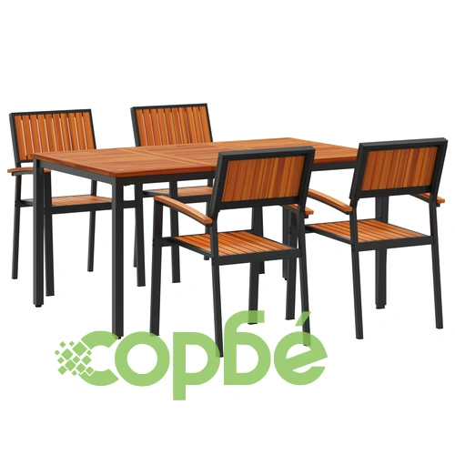 Комплект за хранене в градината 5 части - Черна метална маса 150x90x75 см с 4 стола от метал и дърво ➤ топ цена ➤ sorbe.bg