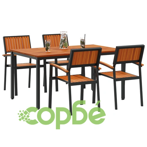 Комплект за хранене в градината 5 части - Черна метална маса 150x90x75 см с 4 стола от метал и дърво ➤ топ цена ➤ sorbe.bg