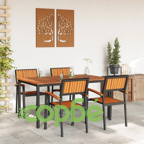 Комплект за хранене в градината 5 части - Черна метална маса 150x90x75 см с 4 стола от метал и дърво ➤ топ цена ➤ sorbe.bg