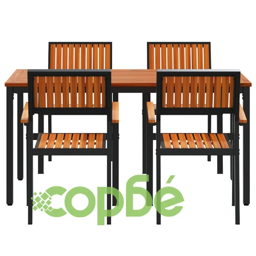 Комплект за хранене в градината 5 части - Черна метална маса 150x90x75 см с 4 стола от метал и дърво ➤ топ цена ➤ sorbe.bg