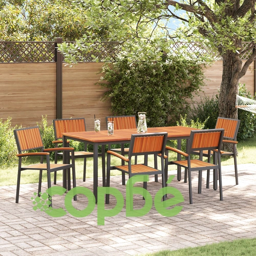 Комплект за Хранене в Градината 7 части - Маса и 6 Стола от Метал и Натурално Дърво, Черен ➤ топ цена ➤ sorbe.bg