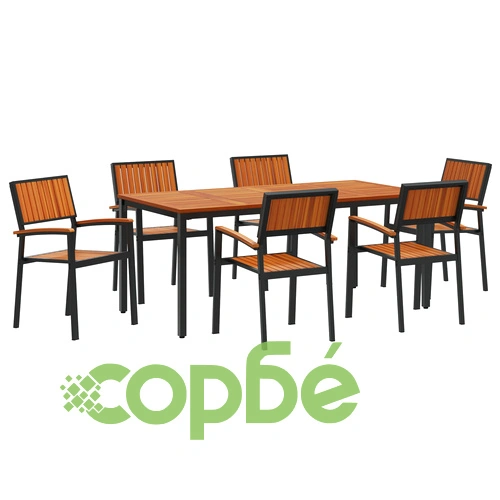 Комплект за Хранене в Градината 7 части - Маса и 6 Стола от Метал и Натурално Дърво, Черен ➤ топ цена ➤ sorbe.bg