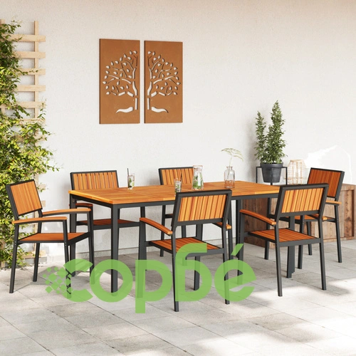 Комплект за Хранене в Градината 7 части - Маса и 6 Стола от Метал и Натурално Дърво, Черен ➤ топ цена ➤ sorbe.bg