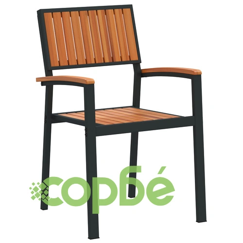 Комплект за Хранене в Градината 7 части - Маса и 6 Стола от Метал и Натурално Дърво, Черен ➤ топ цена ➤ sorbe.bg